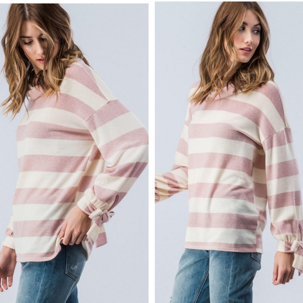 Cowl Neck Blush Striped Bow Cuff Top - Picture 3 of 4